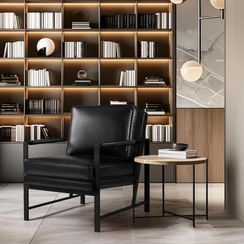 Vista 5 de Yaheetech Sillón de Cuero PU, Sillón de Acento de Ocio Retro con Acolchado y Cojín Extra Suave, Silla de Brazo de Lectura Moderna con Marco de Metal