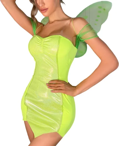 Vista 2 de fyclemt Disfraz de hadas del bosque de Halloween para mujer, vestido brillante de lentejuelas verdes, vestido de cosplay con alas, decoraciones