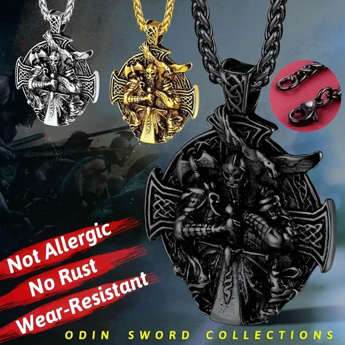 Vista 3 de FaithHeart Collar vikingo para hombre, acero inoxidable, mitología nórdica, lanza vikingaamuleto de Odín