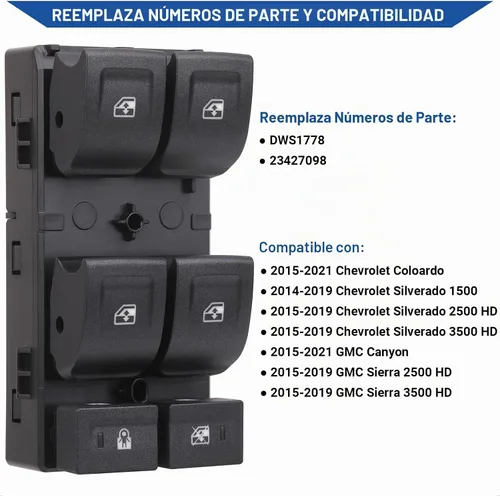 Vista 2 de Obaee Botón de control de potencia para interruptor de ventana compatible con Chevy Silverado 1500 2014-2021, Chevrolet Silverado y GMC Sierra 2500