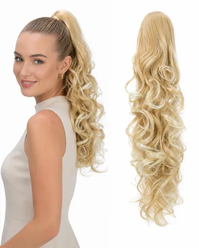 Vista 19 de Prettyshop - Extensión de cola de caballo de 24 pulgadas con clip, larga, voluminosa, ondulada, resistente al calor, color negro H63 Negro # 1 H63
