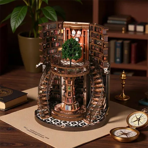 Vista 6 de Juego de anillos de sabiduría para adultos, kit de rincón de libros de madera 3D con luces LED, decoración de biblioteca de rompecabezas