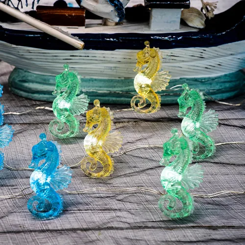 Vista 7 de Guirnalda de luces de caballito de mar con temática oceánica, 10 pies, 30 luces LED, funciona con pilas, decoración náutica costera de playa