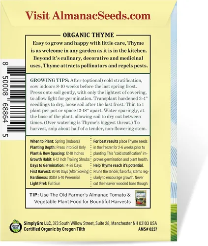 Vista 2 de The Old Farmer's Almanac Semillas de tomillo orgánico – Aproximadamente 160 semillas – Certificado orgánico, sin OMG, polinizado abierto, reliquia