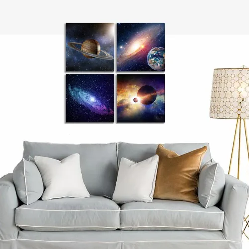 Vista 3 de Wieco Art Lienzo Giclée para pared, imágenes espaciales para dormitorio, decoración del hogar, poder mágico universal, moderno, 4 paneles