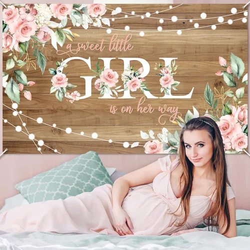 Vista 5 de Avezano Cartel rústico para baby shower con texto en inglés "A Sweet Little Girl is on Her Way", decoración de fiesta de baby shower, pancarta
