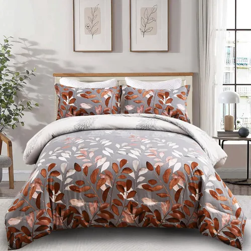 Vista 11 de DJY Juego de edredón beige tamaño Queen, edredón de 3 piezas con hojas botánicas marrones con 2 fundas de almohada, tamaño Queen, juego de edredón