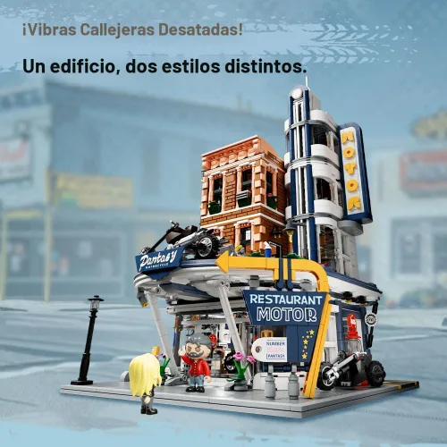 Vista 2 de PANTASY Conjunto de Construcción de Restaurante y Bar de Motocicleta Retro - Kit de Arquitectura Modular de Esquina de Calle con Puertas