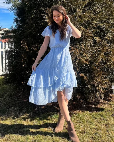 Vista 9 de BTFBM Vestidos casuales con cuello en V para mujer, estilo bohemio, manga corta, gasa, lunares suizos, cinturón y volantes, vestido de fiesta