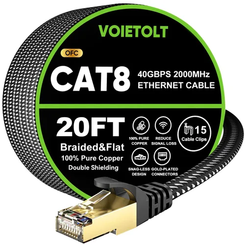 Vista 15 de Cable Ethernet Cat 8 de 2 pies plano, cable de Internet trenzado de alta velocidad de 40 Gbps 2000 MHz con RJ45 chapado en oro, cable LAN de red