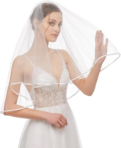 Vista 6 de Bridal Veil Womens Simple Tulle Short Wedding Veil Ribbon Edge with Comb for Wedding Bachelorette Party