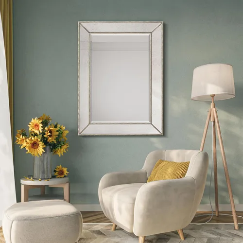 Vista 11 de Empire Art Direct Espejo de pared rectangular con marco de madera maciza biselada con cuentas de champán, listo para colgar, sala de estar