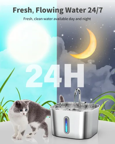 Vista 7 de Lawfery Fuente de agua para gatos de acero inoxidable, fuente automática de agua para gatos de 74 oz/2.2 L, dispensador de agua para mascotas
