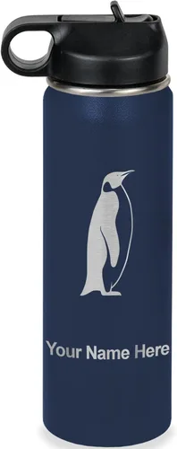 Vista 49 de LaserGram Botella de agua personalizada, pingüino, acero inoxidable de doble pared aislada al vacío con popote superior, regalo grabado