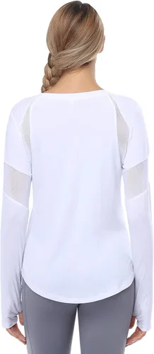 Vista 2 de Muzniuer Camisetas de entrenamiento de manga larga para mujer, camiseta lisa de manga larga para mujer, camiseta deportiva de yoga con agujero