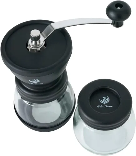 Vista 2 de VIA CREMA Molinillo de café manual con rebabas de cerámica y recipiente de vidrio para granos de espresso