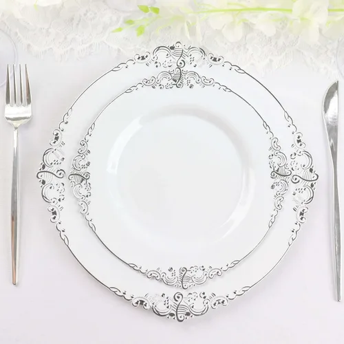 Vista 14 de Efavormart - Paquete de 10 platos de postre barrocos negros y dorados de 8 pulgadas, platos de aperitivo resistentes con borde metálico en relieve