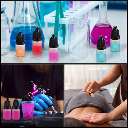 Vista 6 de Maxcheck 400 botellas de plástico con cuentagotas de 0.17 onzas líquidas, mini botella portátil para apretar con tapas, recipiente con cuentagotas