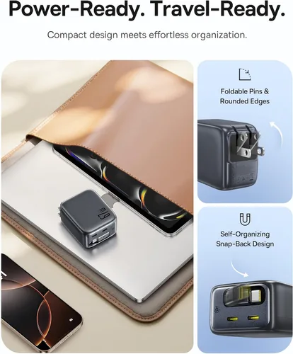 Vista 5 de Baseus Cargador retráctil USB C, 67 W 3 en 1 bloque de carga rápida con enchufe plegable, Enercore CJ11 PD/PPS para Galaxy S25/iPhone 17/16/15
