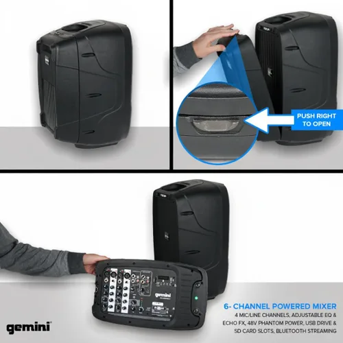 Vista 4 de Gemini ES-210MXBLU con bluetooth, sistema PA portable con mezclador de alimentación desmontable. Dual 10" PA with tripod stands - 6-channel