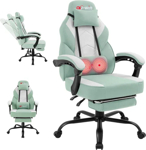 Vista 11 de Silla de juegos para adultos con reposapiés y soporte lumbar de masaje, silla ergonómica de respaldo alto, sillas giratorias ajustables