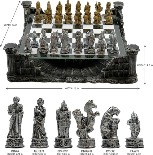 Vista 3 de Set de ajedrez 3D con diseño de gladiadores romanos de 16.25 pulgadas, color bronce y plata