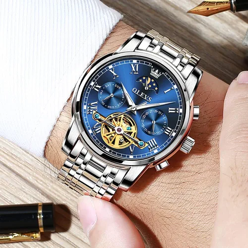 Vista 4 de OLEVS - Relojes automáticos para hombre, diseño mecánico con cuerda automática, reloj de pulsera de lujo de moda, esqueleto, luminoso, impermeable