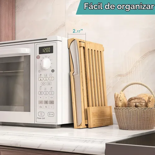 Vista 2 de Cortador de pan de bambú con cuchillo dentado, guía ajustable para 3 tamaños de grosor, tabla de cortar plegable con bandeja para migas, ideal