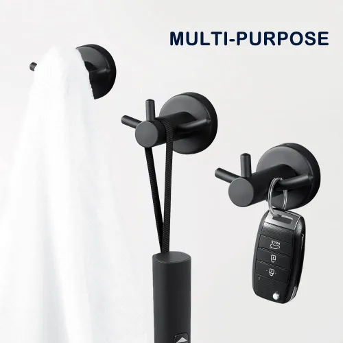 Vista 6 de Paquete de 2 ganchos para toallas montados en la pared de color negro mate para baño, ducha, cocina, armario, puerta de armario, SUS304 de acero