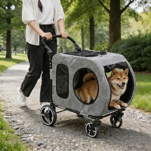Vista 8 de Cochecito para perros grandes, cochecito extra grande para mascotas para perros medianos, carrito para perros, diseño plegable, asa ajustable