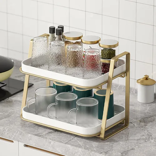 Vista 4 de Organizador de encimera de 2 niveles, bandeja blanca, estante seco con bandeja de drenaje, almacenamiento de cocina de metal, estante organizador