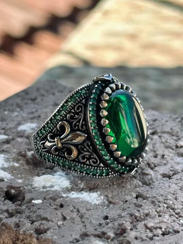 Vista 2 de Silver Handmade Ring, Emerald Stone Ring, Silver Green Zircon Stone Ring, Engraved Silver Ring, Ottoman Style Ring, Gift For Him