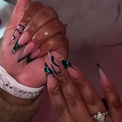 Vista 6 de MISUD Uñas a presión largas Stiletto con pegamento de plata cromada, diseño de cadena gótica Y2K acrílica 24 piezas