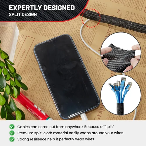 Vista 2 de RED WOLF Funda de Cable de Alambre Trenzado Dividida Manga de Cableado de 10 Pies - 1/2" Flexible Autoenvolvente para Gestión de Cables