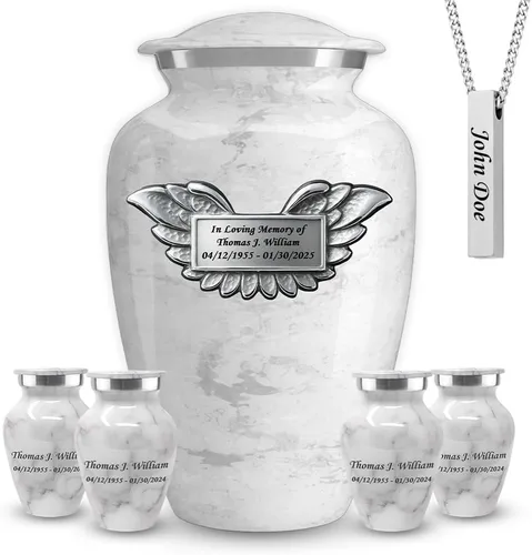 Vista 9 de Set of 6 Cremation Urns for Human Ashes Includes 1 Large Urn with 4 Small Keepsakes & 1 Silver Necklace - Black Marble