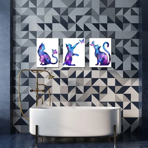 Vista 5 de KLVOS Arte de pared de animales lindos para decoración de habitación de niños, diseño de mariposas moradas y gatos estrellados, impresiones