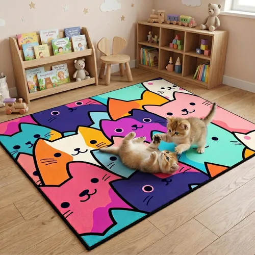 Vista 20 de Alfombra de gato para habitación de niñas, diseño de dibujos animados, decoración para dormitorio, bonita alfombra de área de gatos, alfombras
