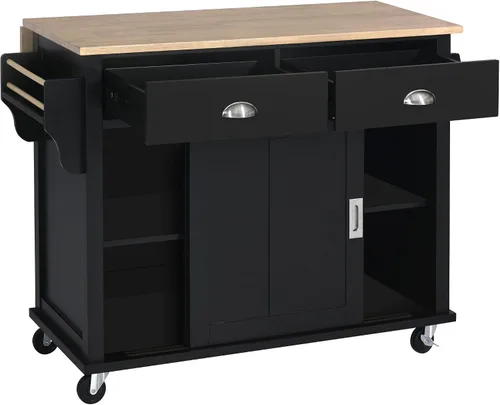 Vista 2 de Olela Carrito de isla de cocina con hojas colgantes de madera, mesa de cocina rodante con armario de almacenamiento y toallero, estante ajustable