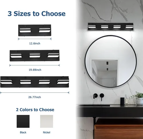 Vista 5 de Joossnwell Luz de Tocador de Baño (4 Luces, 26.77 Pulgadas) Luminarias de Baño Negras Sobre Espejo LED Iluminación Moderna de Tocador Luces de Baño