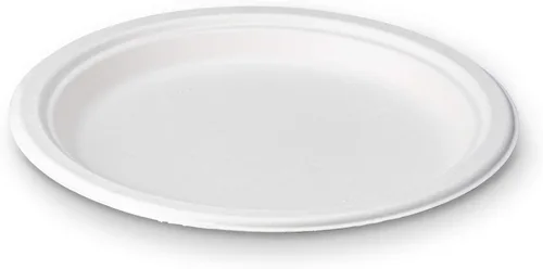 Vista 7 de Plato llano redondo desechable de bagazo blanco de 9 pulgadas, 100% fibras de caña de azúcar naturales compostables, resistente, a prueba de fugas