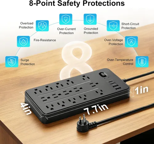 Vista 3 de Regleta de protección contra sobretensiones con 15 tomas, 4 puertos USB para 20 W, cable de extensión de enchufe plano de 6.5 pies con múltiples