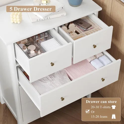 Vista 7 de HOUSUIT Cómoda blanca con 5 cajones, cómoda alta, cómoda de 5 cajones con espacio profundo, armario de almacenamiento de madera para sala de estar
