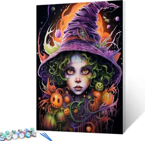Vista 2 de Pintura por números retrato de niña con sombrero de mago Tucocoo, pintura DIY en lienzo con pinceles, pinturas acrílicas, calabaza de Halloween
