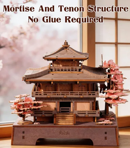 Vista 3 de Rolife Rompecabezas de madera 3D Sakura Pavilion, modelo de arquitectura japonesa y kit de construcción de casas en miniatura para adultos Marrón
