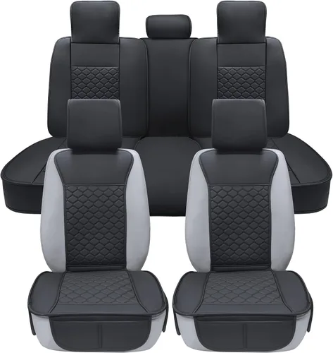 Vista 10 de Elantrip Fundas para Asiento de Coche de Cuero, Protector de Asiento de Coche para Mujeres, Compatible con Airbag, Funda de PU con Patrón de Beige