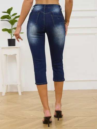 Vista 3 de BWQ Jeans capri rasgados para mujer, pantalones capri ajustados y elásticos