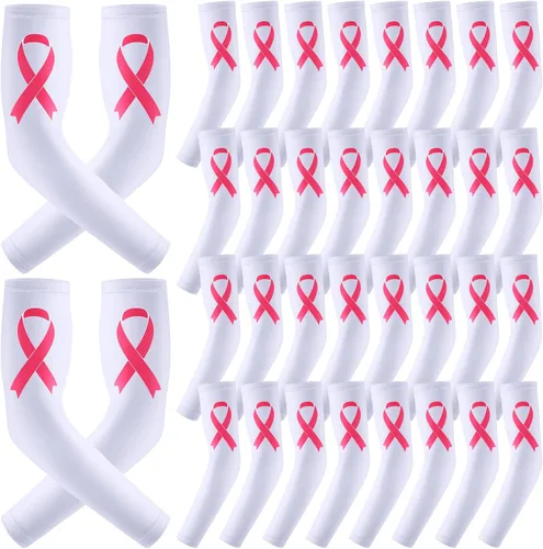 Vista 9 de Zhehao 18 pares de mangas de concientización sobre el cáncer de mama, mangas de compresión para brazos con cinta rosa, mangas de compresión
