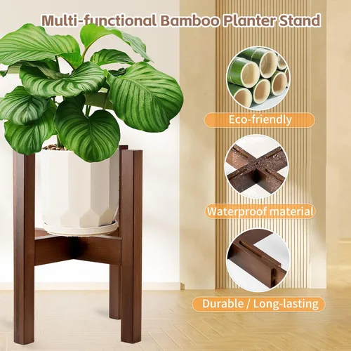 Vista 6 de Soporte ajustable de bambú para plantas de interior, soporte para macetas de 8 a 12 pulgadas para sala de estar, dormitorio, esquina, estante