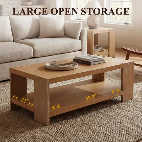 Vista 4 de chairus Mesa auxiliar de 47 pulgadas con almacenamiento de 2 niveles, mesa central rectangular de granja con patas de madera de pino maciza