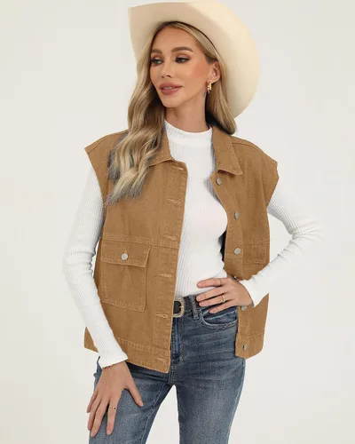 Vista 3 de luvamia Denim para mujer, de gran tamaño, con botones, sin mangas, chaqueta vaquera a la moda, casual, ropa de abrigo occidental con bolsillos